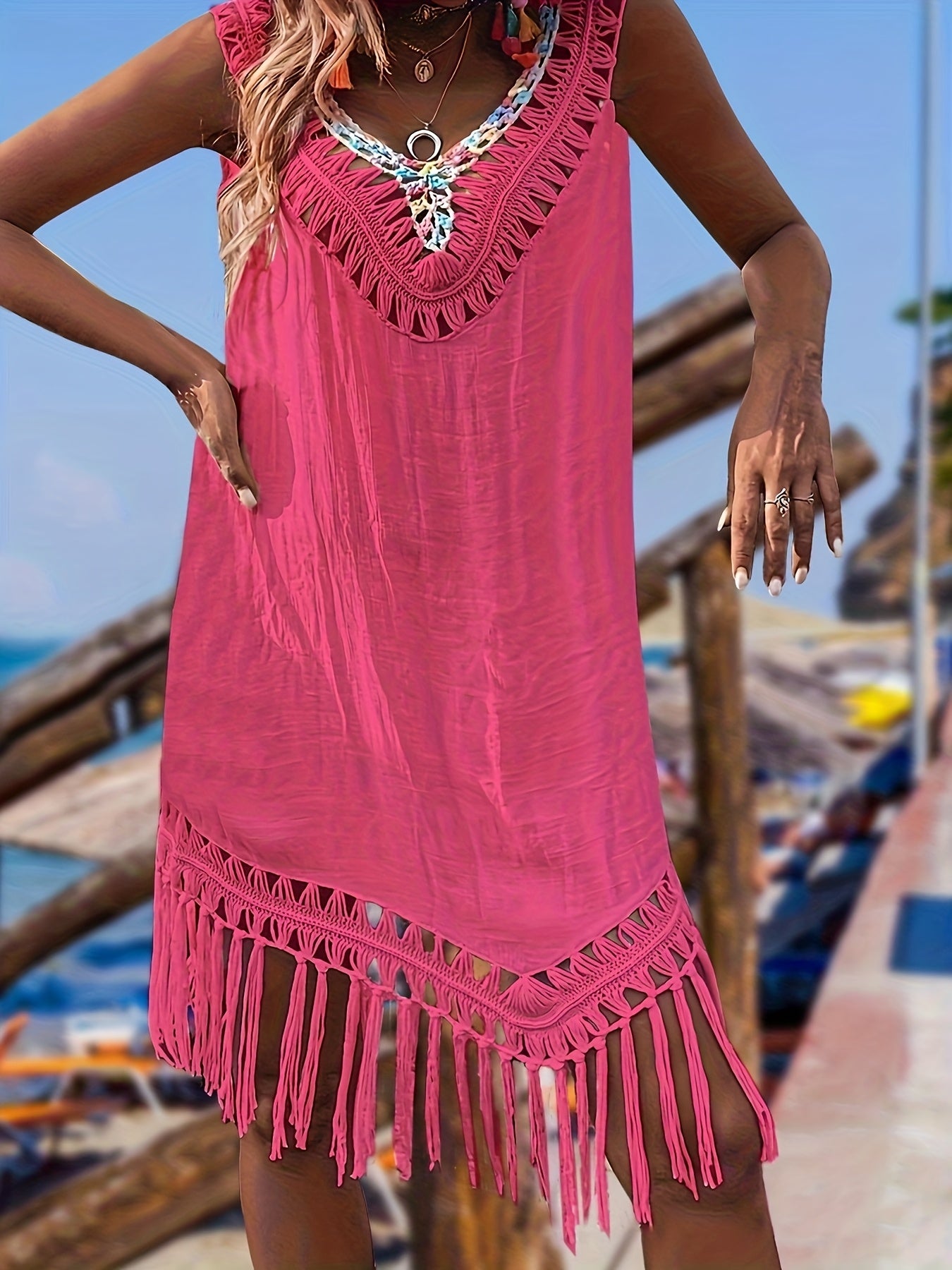 Women's Summer Vacation Style Hand Hook Splicing Color Thread Splicing Fringe V-neck Pullover Hollowed Out Beach Bikini Smock Skirt