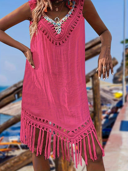 Women's Summer Vacation Style Hand Hook Splicing Color Thread Splicing Fringe V-neck Pullover Hollowed Out Beach Bikini Smock Skirt