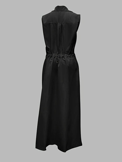 Sleeveless Solid Color Lapel Long Dresses Midi Dresses