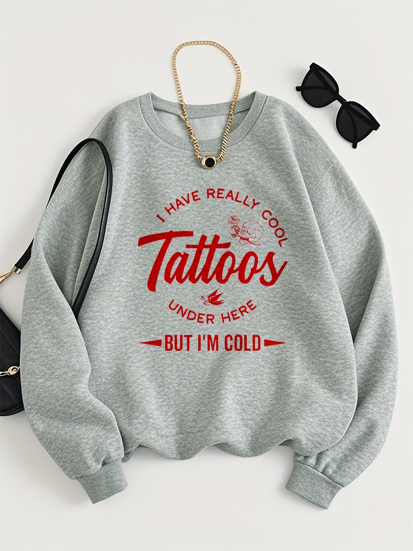 Oversized, Relaxed-Fit Pullover Featuring Tattoo Designs And Slogans - "I Have A Really Cool Tattoo" in Red And White Text, Gray Casual Sweater with a Crew Neck And Long Sleeves, Perfect for Tattoo Enthusiasts