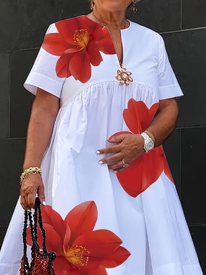 Women's New Summer V-Neck Short Sleeve White Loose-Fit Floral Print Casual Midi Bohemian Dress, S-XXL
