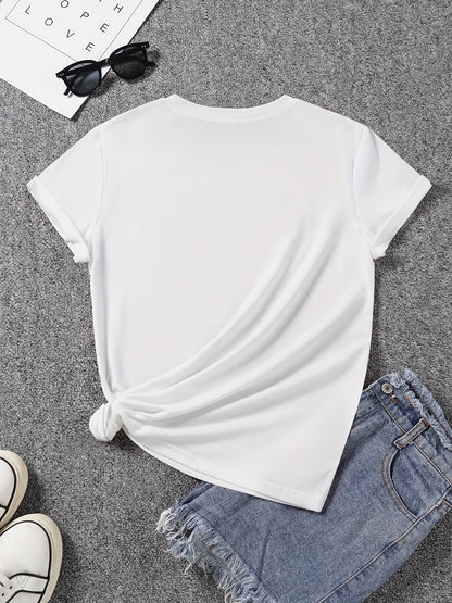 [Printed Pants - Not Denim Fabric]1pc Women'S Imitation Denim Heart And Diamond Pattern Round Neck Short Sleeve T-Shirt, Women'S Casual Fashion Top, Fashion Women'S Clothing, Holiday Gift, Birthday Gift