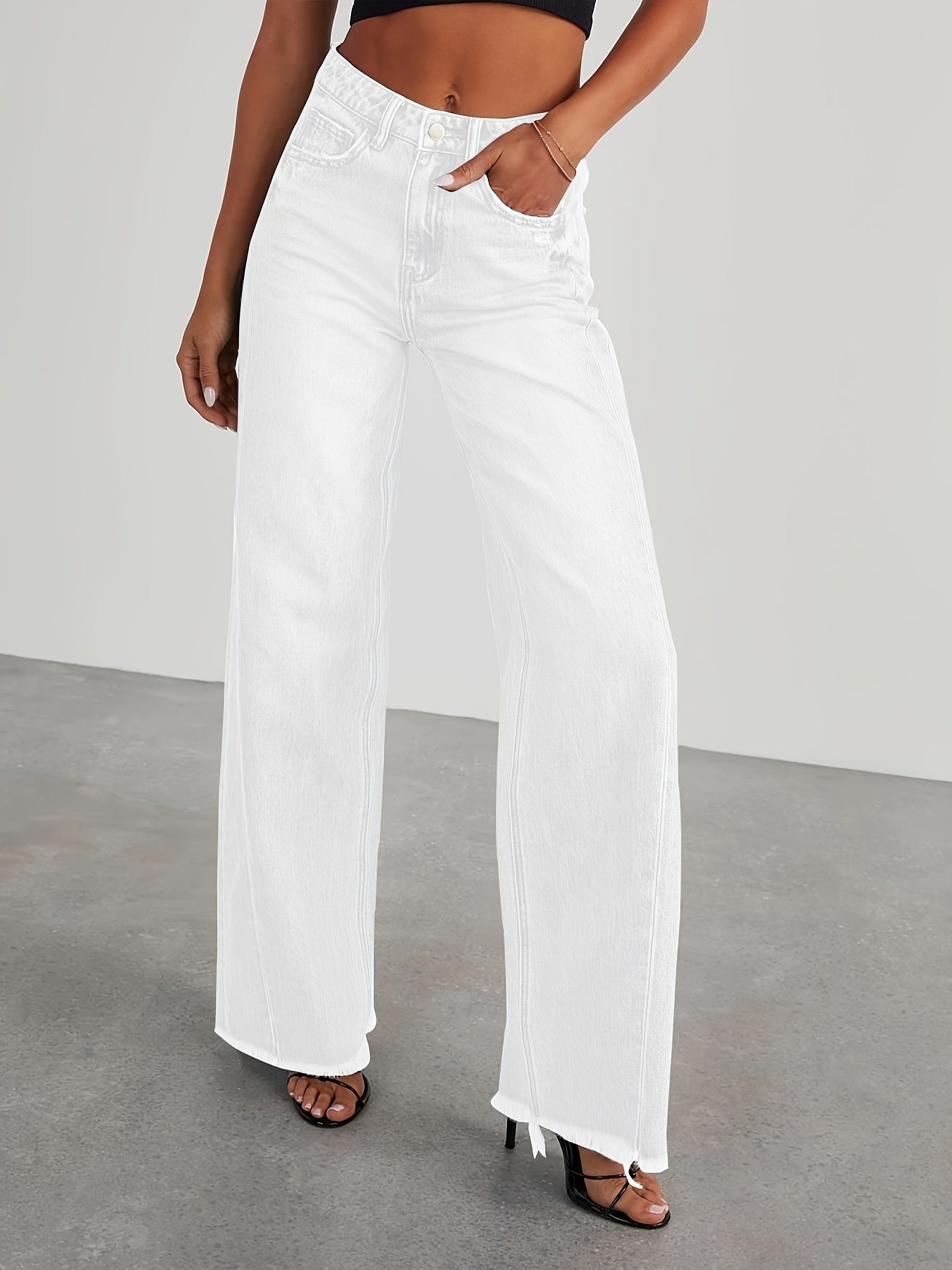 Women's High-Waisted Wide Leg Jeans - Casual Baggy Stretch Denim Pants with Pockets
