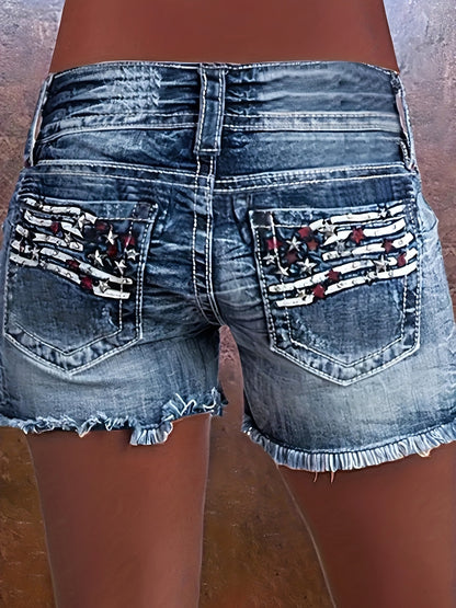 Women's High-Elasticity Embroidered Distressed Denim Shorts - Casual Stretch Fit with Raw Hem, Star Pattern & Patchwork Details, Machine Washable Spring/Summer Shorts, Summer Casualwear, Highelasticity Fabric, Embroidered Details
