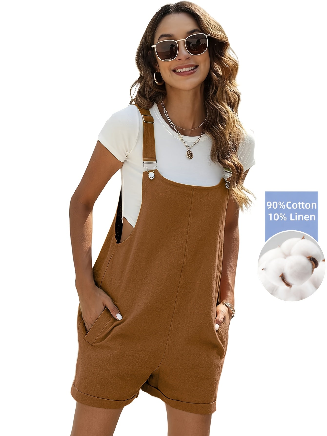 Women'S Linen Stylish Short Overalls Casual Summer Bib Shortalls With Pockets