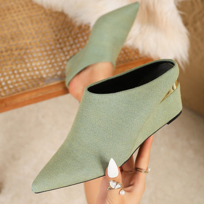 Women's Textured Fabric Pointed-toe Heels, One-foot Studded Mules, Comfortable Sandals, Thick Heels, Multi-color Simple And Portable, Casual Commuting Portable, Daily Wearable Women's Shoes, Women Shoes