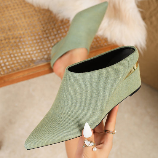 Women's Textured Fabric Pointed-toe Heels, One-foot Studded Mules, Comfortable Sandals, Thick Heels, Multi-color Simple And Portable, Casual Commuting Portable, Daily Wearable Women's Shoes, Women Shoes
