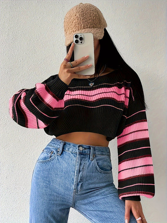 Women'S Long-Sleeved Striped Sweater, Perfect for Spring And Fall, Featuring a Sweet And Spicy Design, Ideal for a Casual Look