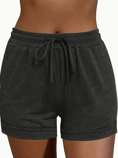 2pcs Solid-color Casual Pocket Women'S Shorts With Adjustable Drawstrings - Spring, Summer And Autumn Lightweight And Breathable Fabric, Machine Washable, Suitable For Home And Daily Wear, Seasonal Fashion, Soft Texture