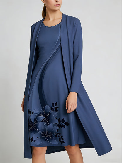 2pcss Set, Vest Style Dress+Long Sleeved Jacket Cardigan, Women'S Fashionable Dress Set, Floral Print Dress Cardigan Top Paired with Waist Cinching Long Skirt 2pcss Set, Elegant Temperament, Suitable for Wearing on The Street