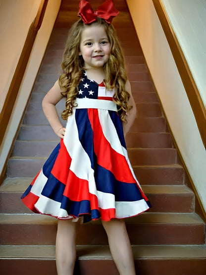 Girls' Independence Day Outfit - Short Sleeve Twirl Dress in Red, White & Blue Stripes And Stars, Ideal for Summer Festivities on The 4Th of July