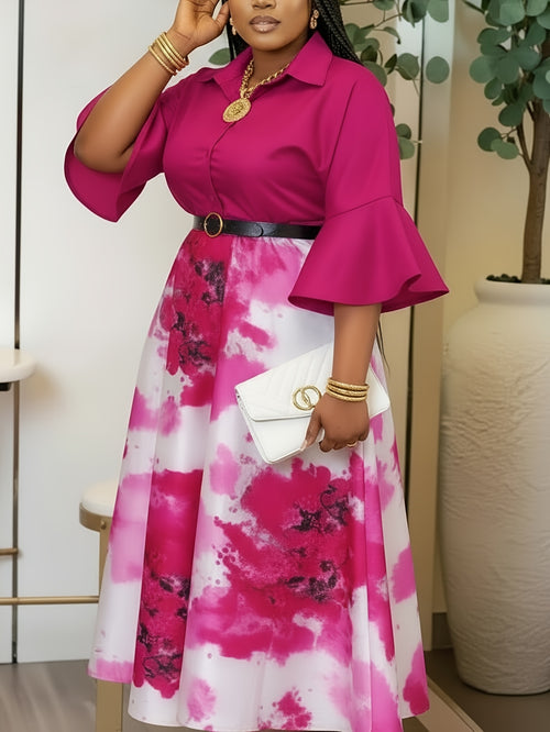 Plus Size - Plus Size Women'S Spring/Summer Flared-Sleeve Waist-Adjusted Printed Dress | Fashion Color-Block Design Showcasing Vibrant Temperament, Ideal for Daily Outings & Light Social Occasions, Creating Exquisite Eye-Catching Looks