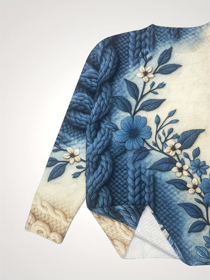 Women'S Long Sleeve Crew Neck Pullover - 3D Floral Print with Kink Cord Pattern, Gradual Change Blue/Beige Retro Style Casual Elegant Top, All-Season Comfort