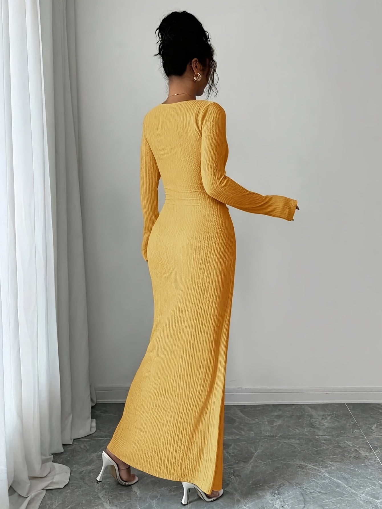 Women'S Solid Color Twisted Split Maxi Dress Asymmetrical Neck Slim Bodycon Fall Winter Elegant Fashion Dress
