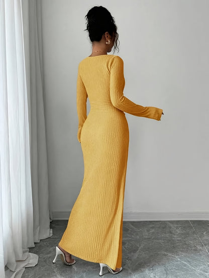 Women'S Solid Color Twisted Split Maxi Dress Asymmetrical Neck Slim Bodycon Fall Winter Elegant Fashion Dress