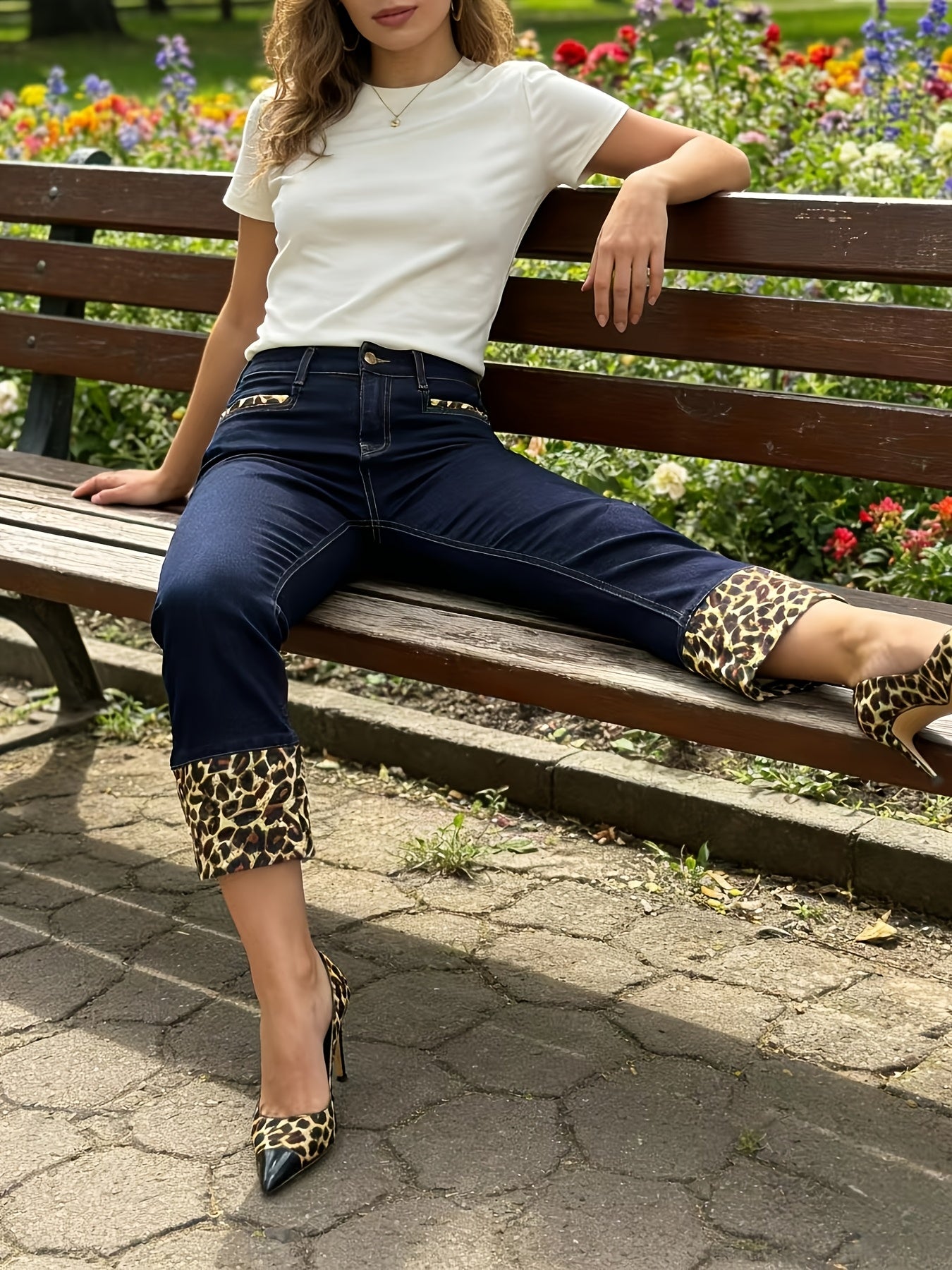 Y2K Hot Leopard Print Decor Jeans - High Waisted Butt Lifting Dark Wash Stretchy Denim Women'S Casual Streetwear Pants