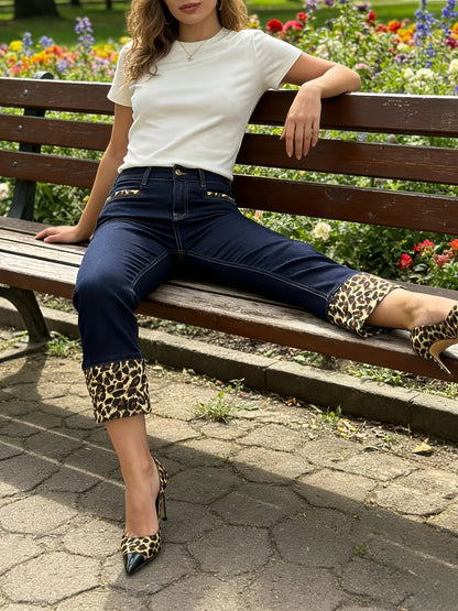 Y2K Hot Leopard Print Decor Jeans - High Waisted Butt Lifting Dark Wash Stretchy Denim Women'S Casual Streetwear Pants