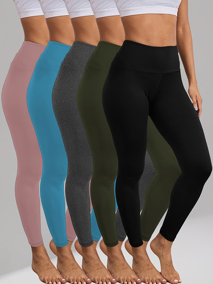 5 Pack Women'S High Waisted Tummy Control Leggings - Super Soft 4-Way Stretch Workout Yoga Running Pants, Full-Length Non-Sheer Gym Leggings with Full Coverage, All-Season Comfort in 5 Colors (Pink, Brown, Black, Navy, White) - Snug Fit for Gym, Yoga & Ca