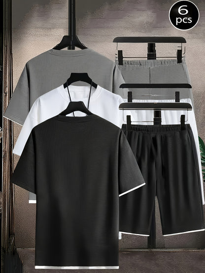 6pcs Waffle Knit Men's Loungewear Set: Soft and Comfortable Short-Sleeve Top + Shorts Pajama Set, Short Sleepwear Combo with Elastic Waist, Suitable for Wearing Outdoors