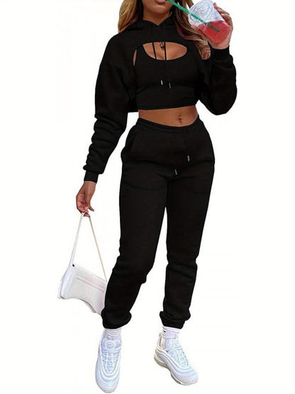 Women'S 3pcs Sweatsuits Sets Sexy Super Cropped Hoodie Tank Top And High Waisted Jogger Sweatpants Matching Loungewear Athleisure Outfits