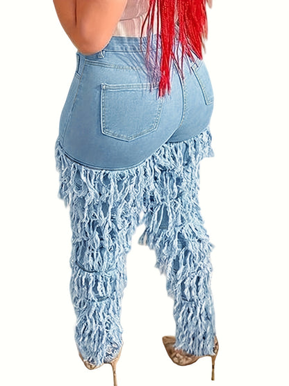 Plus Size Women's High Waist Stretchy Skinny Jeans - Solid Blue Denim, Leg Paneled with Fringe Layers & Frayed Edges, Retro Casual Fashion, Versatile for Parties & All-Season Outings