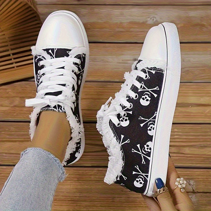 Women'S Lightweight Casual Sneakers- Low-Top Lace-Up Shoes, Soft Fabric Lining And Durable TPU Outsole, Geometric Skull Design, All-Season Comfort, EVA Cushioning Insole, Fabric Upper, European And American Style