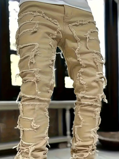 (Available In Five Colors) Teenager Ripped Jeans, Retro Street Style, High Street Patch Fabric, Popular Ripped Jeans, Fashionable Splicing, Slim Fit Jeans, Versatile Straight Jeans 1pc, Perfect for Outdoor, for Teenager