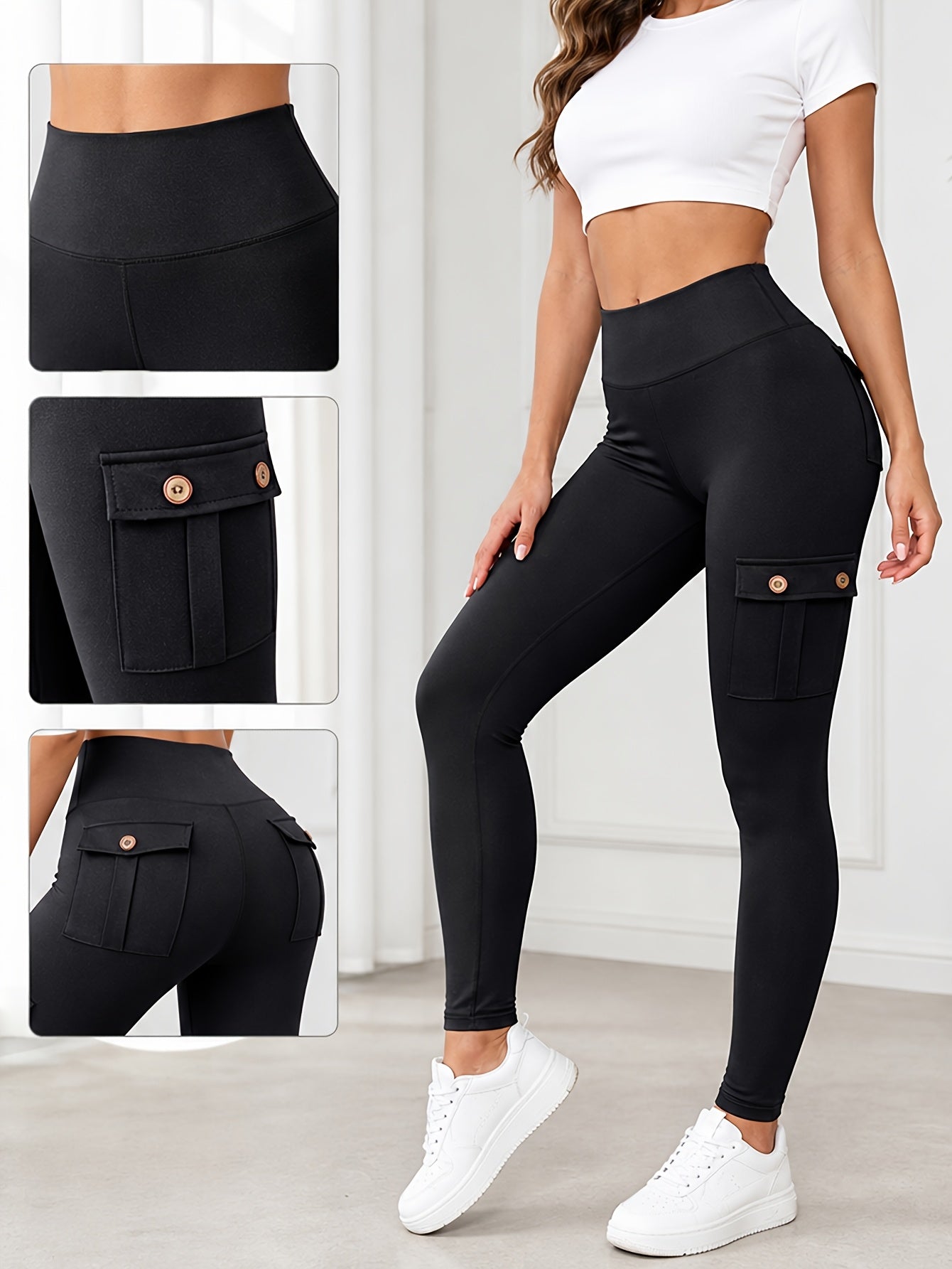 5 Pack Womens High Waist Yoga Leggings 4 Button Large Pockets Tummy Control Slim Fit 4 Way Stretch Soft Breathable Non Restrictive Sports Workout Leggings Great Value Multipack for Gym Running Training Daily Wear Fast Local Warehouse Delivery