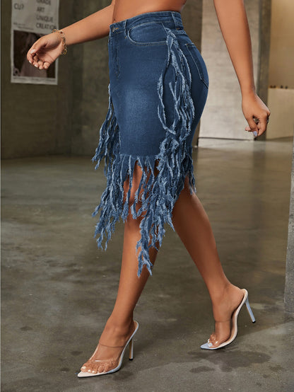 Fashionable Fringed Denim Mini Skirt, Washed High-Waist Sexy A-Line, Hot Vintage Design, Versatile Summer Trendy Item