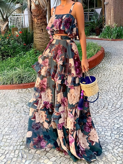 Spring/Summer New Beach Edge Holiday Style Printed Two-Piece Peplum Halter Top Cake Skirts Boho Skirts Casual Suit