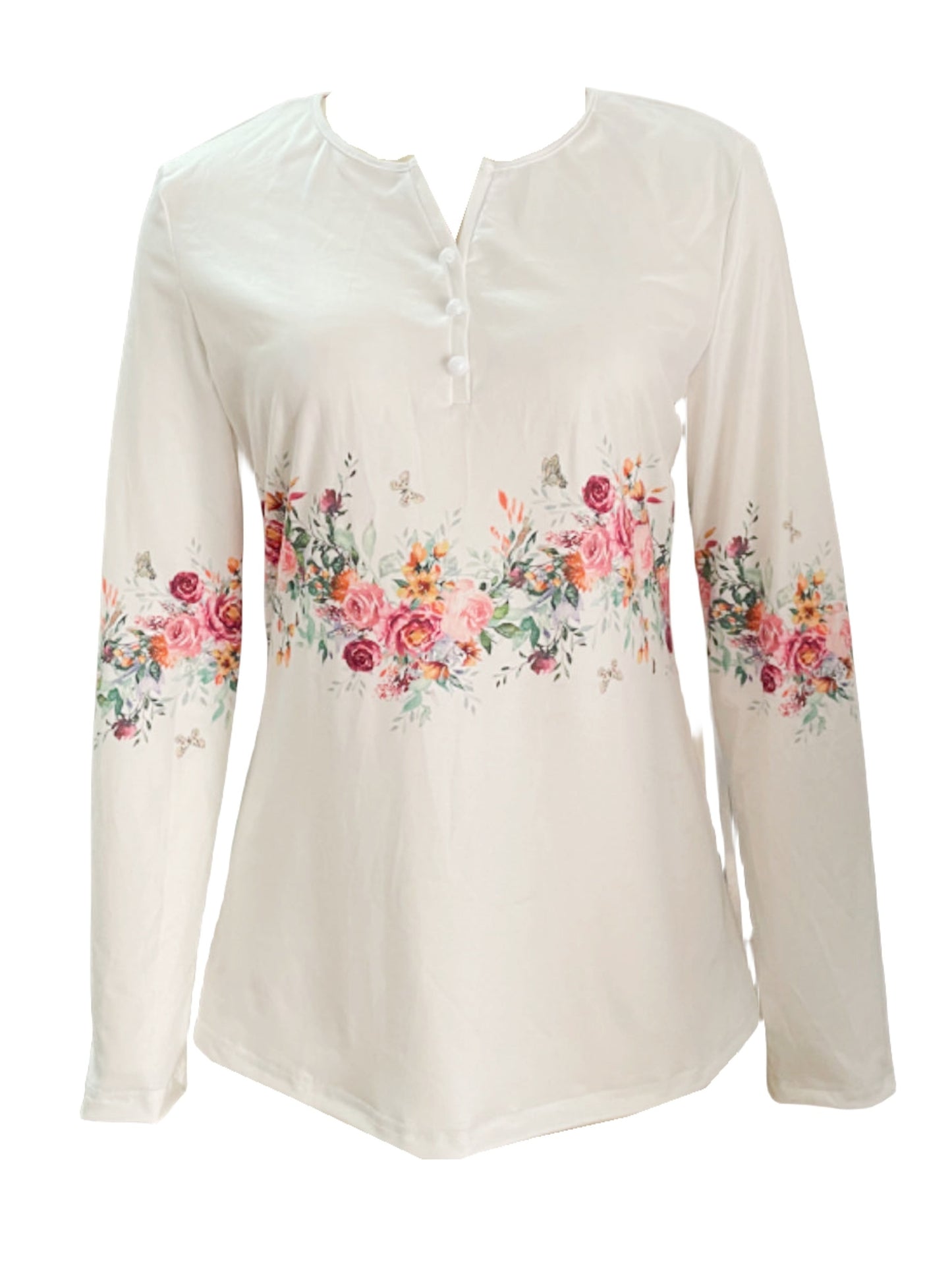 New Spring And Autumn White Studded Rose Print Long-sleeved T-shirt Casual Top