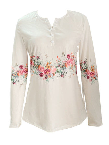 New Spring And Autumn White Studded Rose Print Long-sleeved T-shirt Casual Top