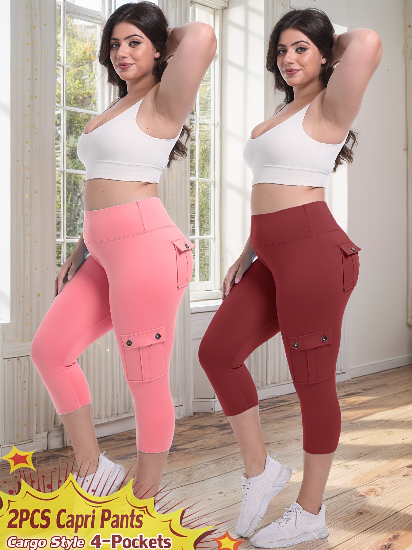 2pcs-Black & Pink High-Waist Leggings - product view 18