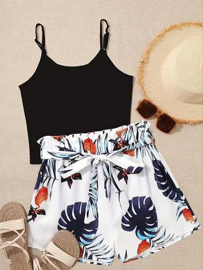 Pants Set - Unique Tropical Print 2pcs Set - V-Neck Crop Top and High-Waist Drawstring Shorts, Lightweight, Breathable, Comfortable Fabric, Machine Washable - Perfect for Spring and Summer