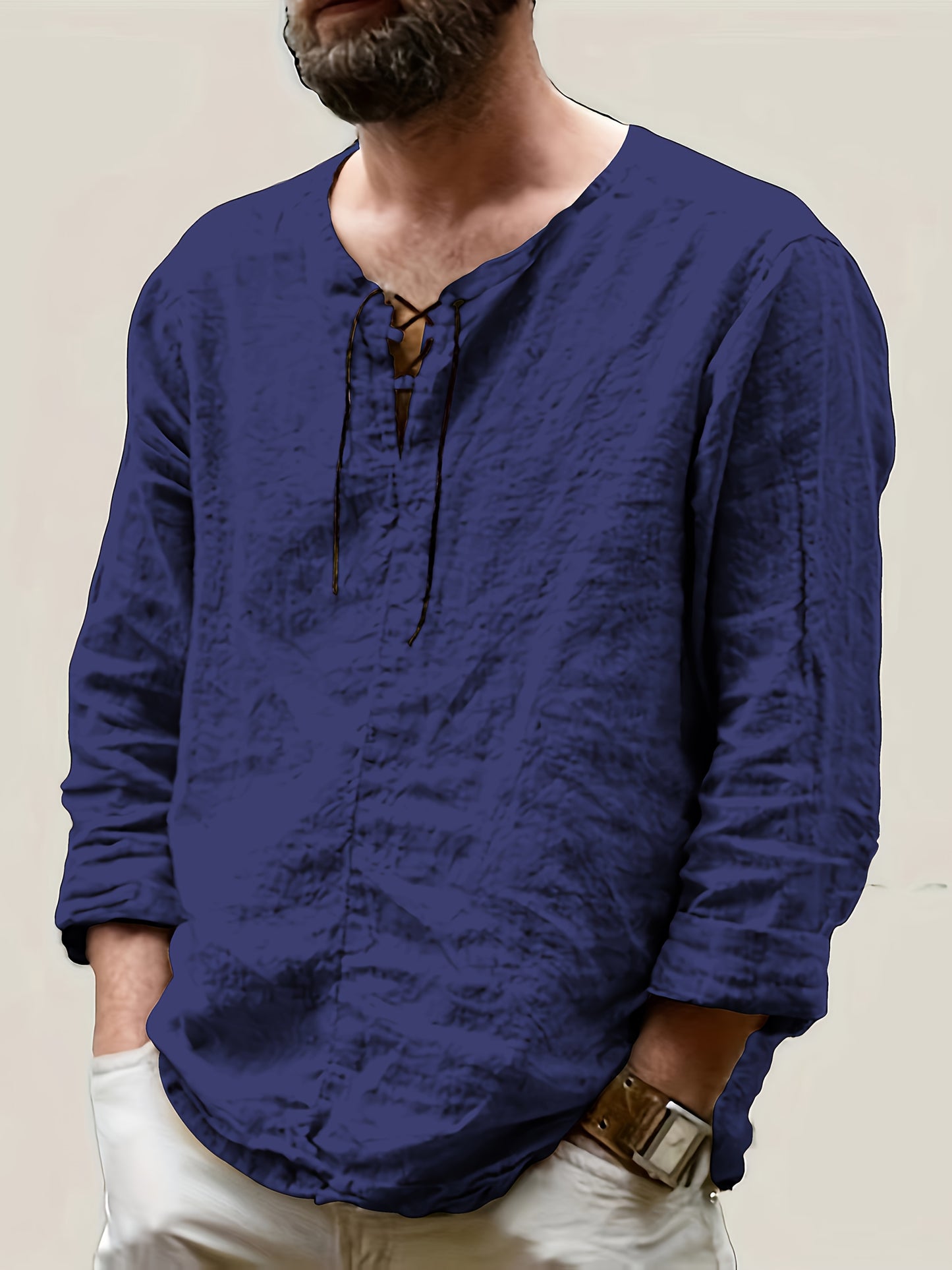Collection of 3 Lightweight Summer Shirts for Men Featuring a Trendy Retro Design, Perfect for Casual Everyday Wear with Long Sleeves And a V-Neck Lace-Up Style