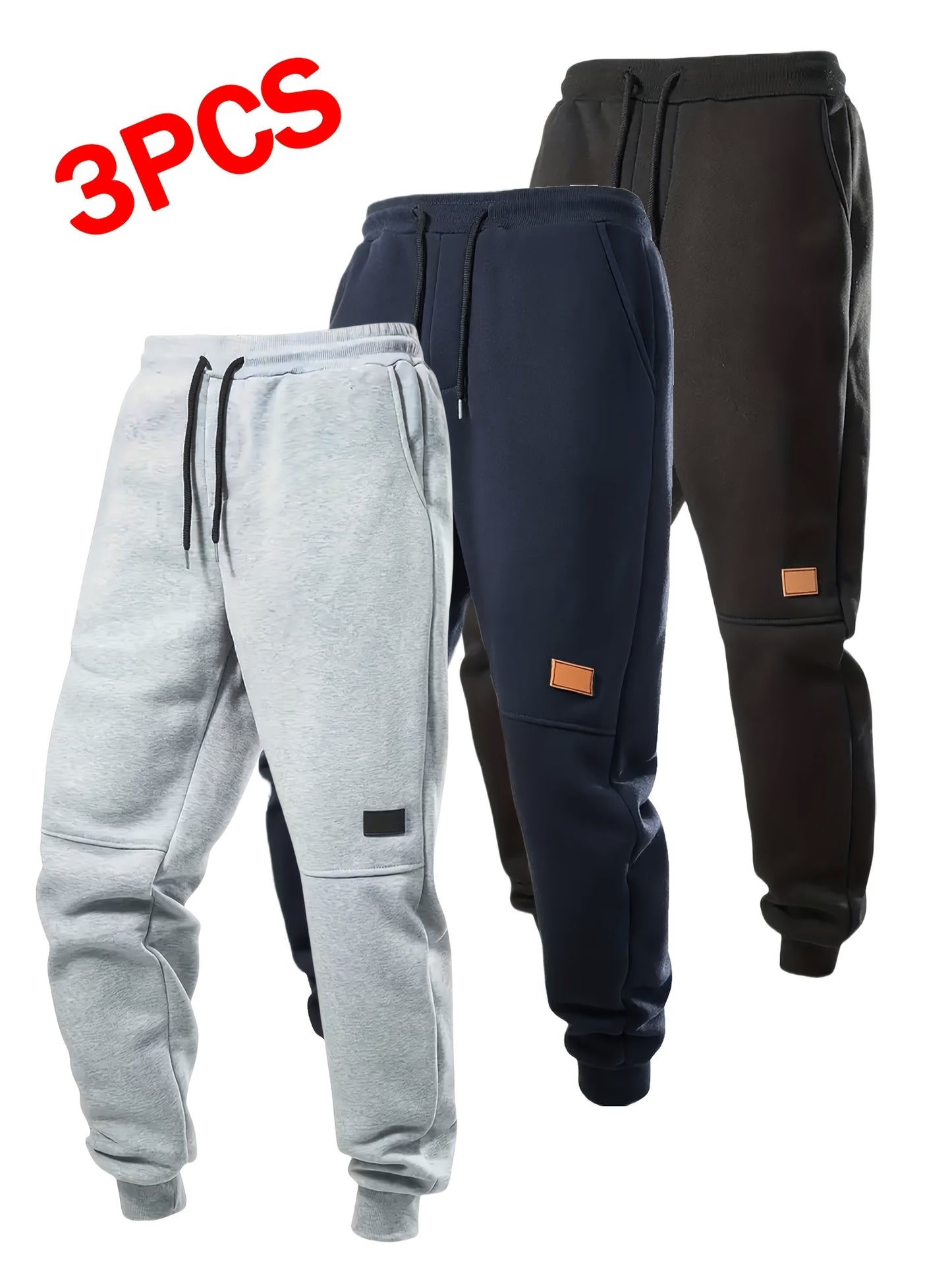 3pcs Men's Casual Sports Jogging Pants - Durable, Multifunctional, Warm Polyester Sports Pants - Soft Polyester Knitted Fabric, Slightly Elastic, Drawstring Waist Circumference, Regular Fit, Perfect Warm Sports Pants for Autumn And Winter Seasons