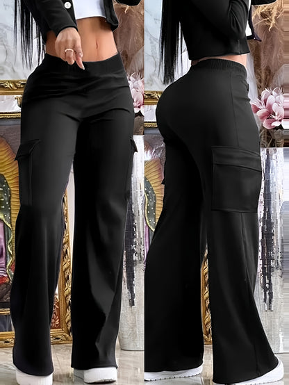 Women Wide Leg Pants Black Casual Work Pants High Waist Trousers Pull On With Pockets