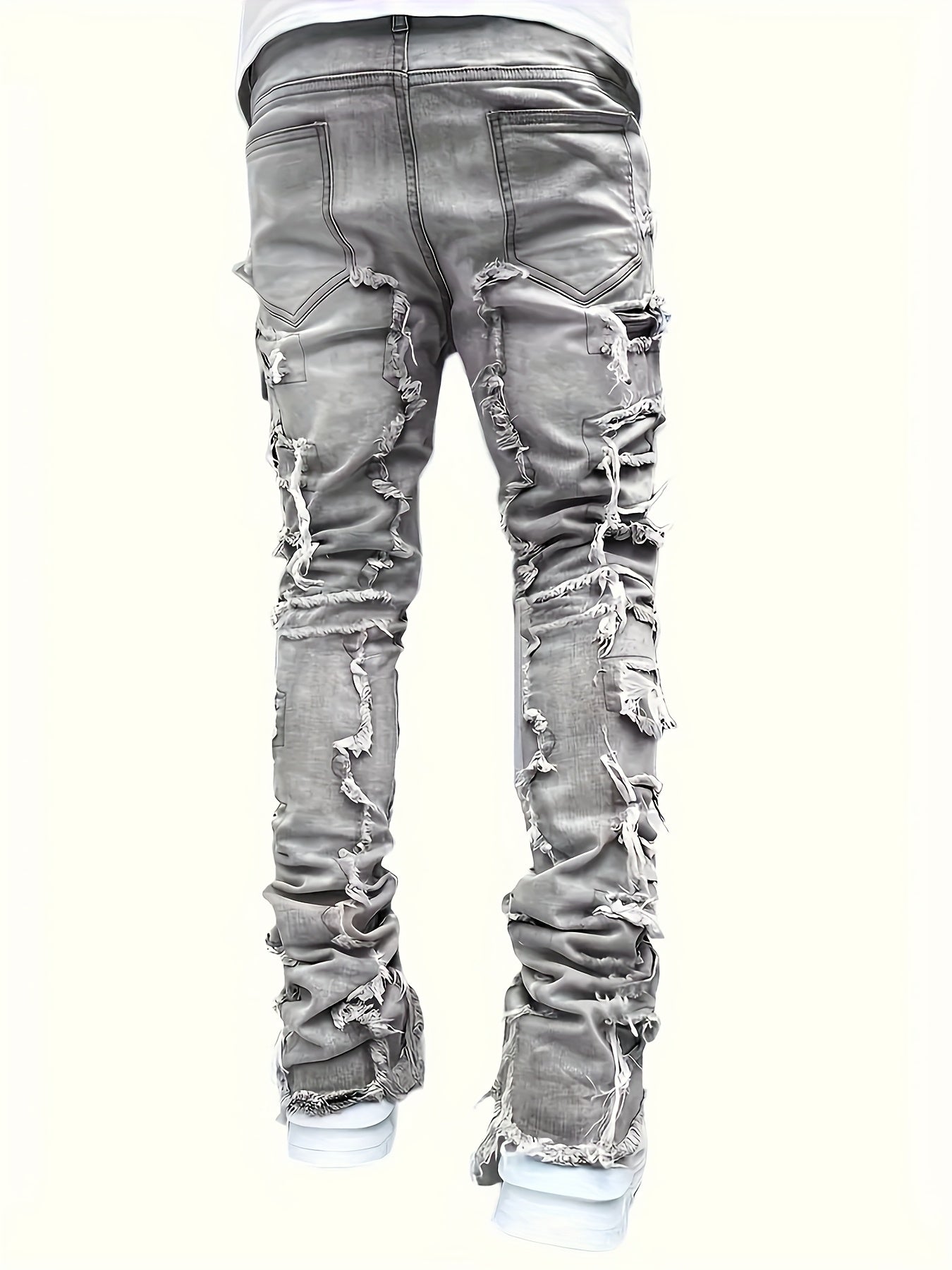 Men's Ripped Jeans Retro Street Style Spliced Slim Jeans Versatile Men Straight Denim Pants