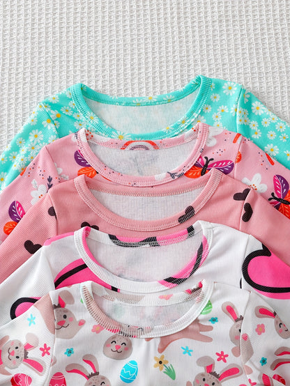 Girls' Clothing | School Season Gifts | Baby Girl Clothing | Baby Girl T-shirt | Baby Girl Spring/summer Casual Cute Flower Heart Print Long-sleeved Round-neck T-shirt (5pcs Set) | School Season | Valentine's Day