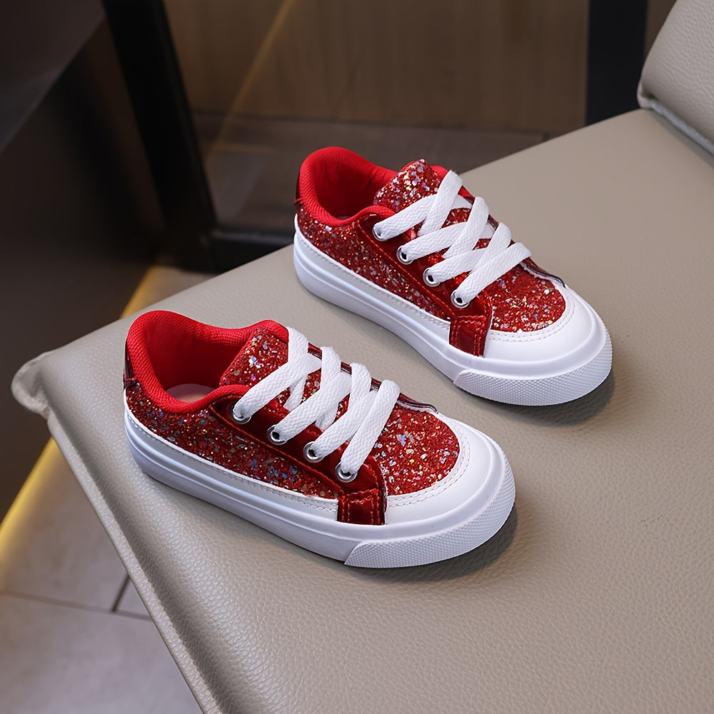 Children's Skate Sneakers, 1 Pair/pack. Spring - Autumn Style. Sequins Add Childlike Charm. Classic Lace - Up. Soft, Breathable Inner Lining. High - Quality Elastic Sole. Easy On/off. Ideal for School, Festival Gatherings, And Sports - Casual Wear.