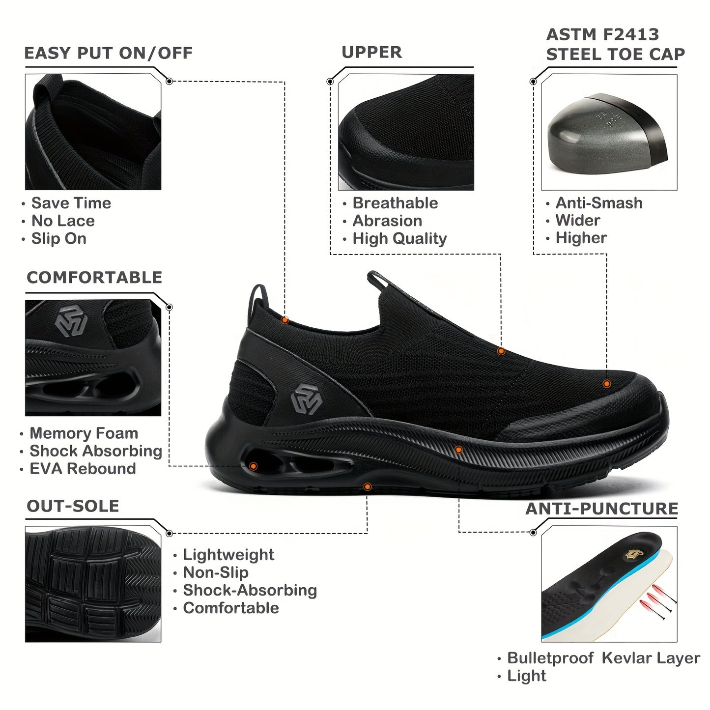 Men'S Lightweight Slip-On Steel Toe Work Shoes - Comfortable Sneakers, Puncture-Resistant Loafers, Work Shoes for Men, Available in Black/Grey/Blue, Sizes US 6-14