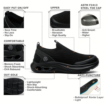Men'S Lightweight Slip-On Steel Toe Work Shoes - Comfortable Sneakers, Puncture-Resistant Loafers, Work Shoes for Men, Available in Black/Grey/Blue, Sizes US 6-14