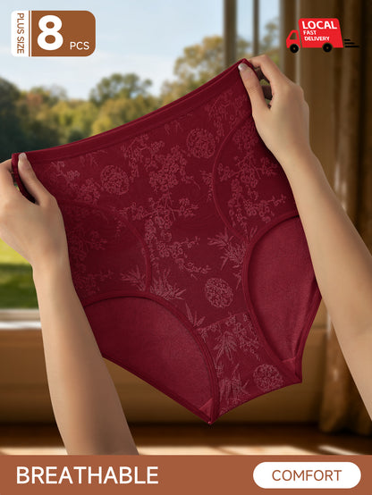 8-pair Women's Large Size Plaid Underpants- High-waisted for Abdominal Shaping, Comfortable and Non-Tightening on the Body. Traditional Chinese Plaid Design Is Elegant and Sophisticated. Ideal for Daily Casual Wear.