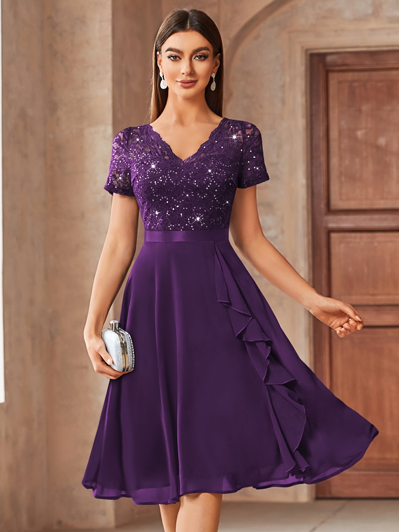 24224 Elegant Womens Sequin Lace Chiffon A Line Bridesmaid Dress, V Neck Short Sleeves, Ruched Ruffle Hem, Perfect for Graduation Season, Wedding Season, Summer Wedding Guest, Evening Party, Cruise Party And Birthday Celebration