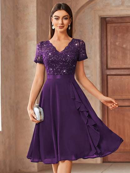 24224 Elegant Womens Sequin Lace Chiffon A Line Bridesmaid Dress, V Neck Short Sleeves, Ruched Ruffle Hem, Perfect for Graduation Season, Wedding Season, Summer Wedding Guest, Evening Party, Cruise Party And Birthday Celebration
