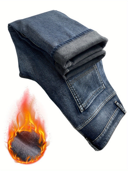 Men's Warm Fleece Stretch Jeans, Loose Casual Fleece Jeans, Straight Mid-waist Fashionable Versatile Jeans, Suitable For Daily, Business, Outdoor
