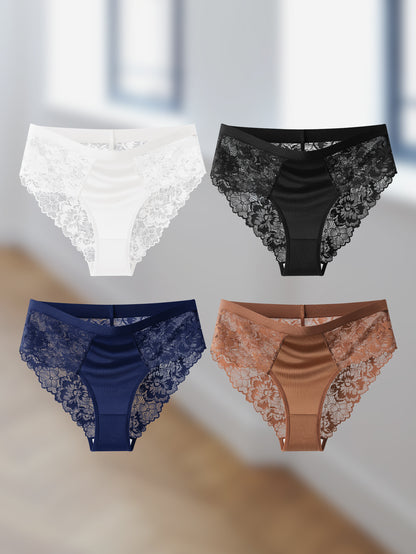 [Bridal Lace Panties] 4-Pack Women's Oil-Gloss Bridal Lace Spliced Panties, Breathable and Exquisite Lace Fabric for Added Comfort, Romantic and Delicate Style, Fine Stitching for a Sexy and Comfortable Wearing Experience