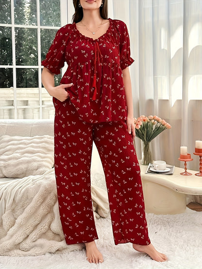 Plus Size Women's Pajama Set, Wine Red Bow Print Puff Sleeve Top & Wide-Leg Pants, Loose Comfortable Loungewear, Sweet Euro-American Style Sleepwear for Home Leisure/Sleep, Soft Skin-Friendly Fabric, Perfect Christmas Gift