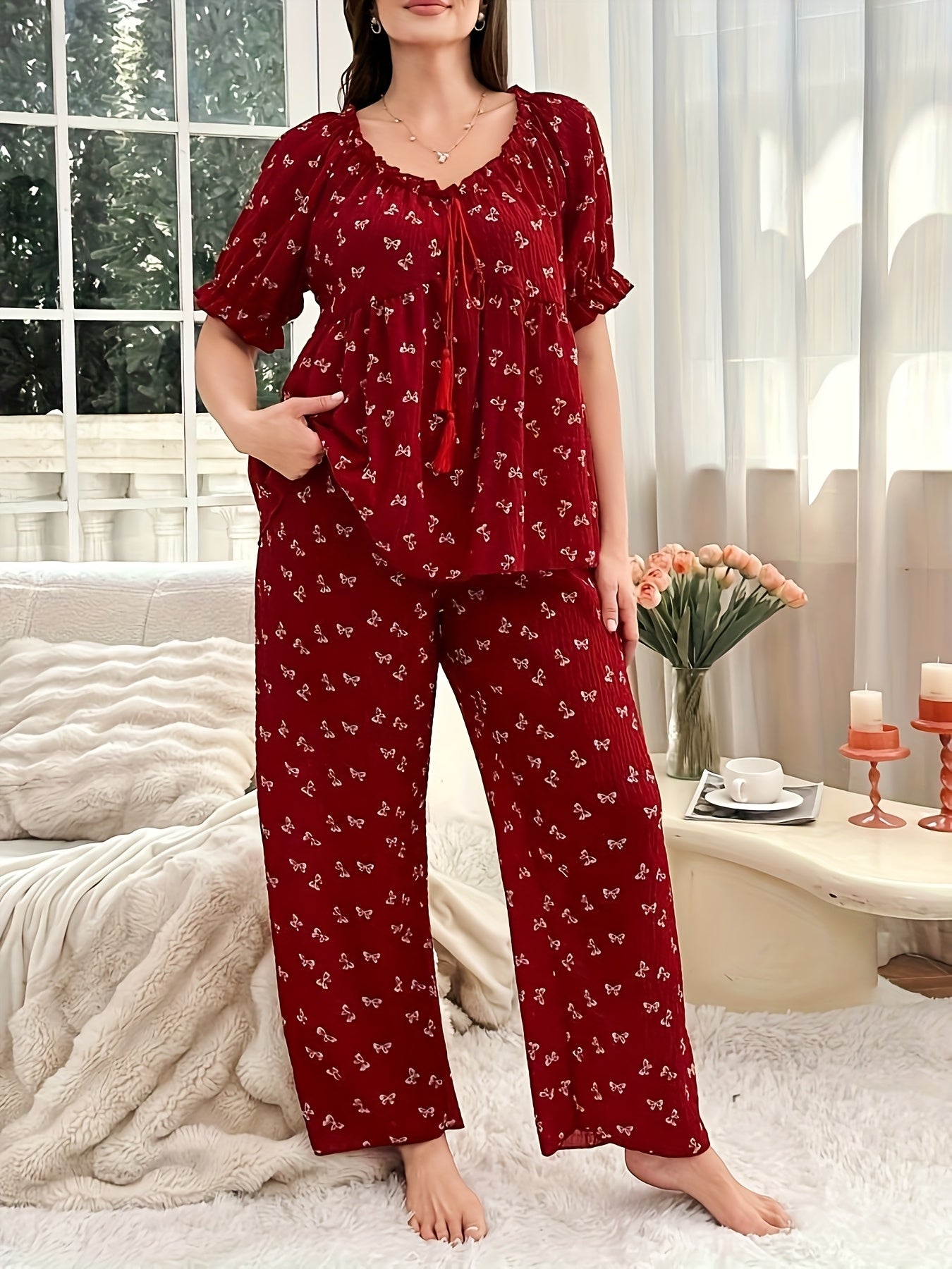 Plus Size Women's Pajama Set, Wine Red Bow Print Puff Sleeve Top & Wide-Leg Pants, Loose Comfortable Loungewear, Sweet Euro-American Style Sleepwear for Home Leisure/Sleep, Soft Skin-Friendly Fabric, Perfect Christmas Gift