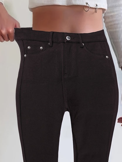 Women's High-Waisted Stretch Street Style Solid Black Skinny Fashion Metal Button Detail Casual Jeans
